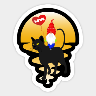 Love Gnome Riding Black Cat Lovers Sticker